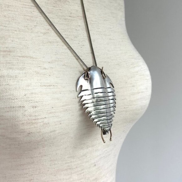 Sterling Silver 925 14K Yellow Gold Manta Ray Trilobite Pendant Necklace 25" - Picture 6 of 16